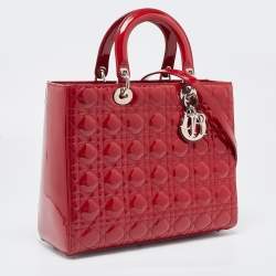Pre Owned Dior Red Cannage Patent Leather Large Lady Dior Tote