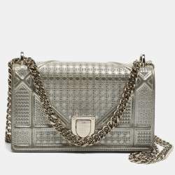 Pre Owned Dior Silver Micro Cannage Patent Leather Diorama Wallet on Chain 