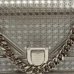 Pre Owned Dior Silver Micro Cannage Patent Leather Diorama Wallet on Chain 