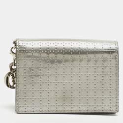 Pre Owned Dior Silver Micro Cannage Patent Leather Lady Dior Card Case