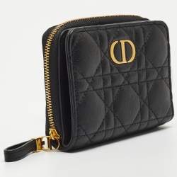 Pre Owned Dior Black Cannage Leather Caro Zip Compact Wallet