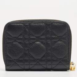 Pre Owned Dior Black Cannage Leather Caro Zip Compact Wallet