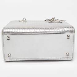 Pre Owned Dior Silver Micro Cannage Patent Leather Medium Lady Dior Tote