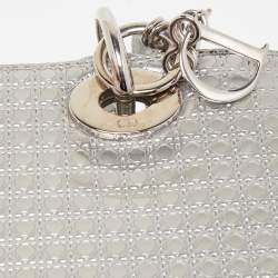 Pre Owned Dior Silver Micro Cannage Patent Leather Medium Lady Dior Tote