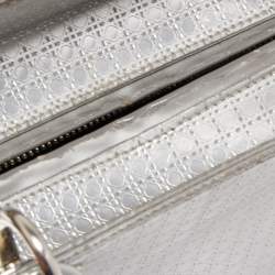Pre Owned Dior Silver Micro Cannage Patent Leather Medium Lady Dior Tote