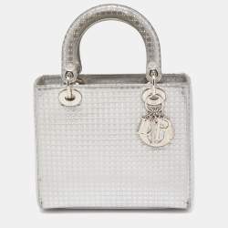 Pre Owned Dior Silver Micro Cannage Patent Leather Medium Lady Dior Tote