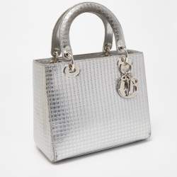 Pre Owned Dior Silver Micro Cannage Patent Leather Medium Lady Dior Tote
