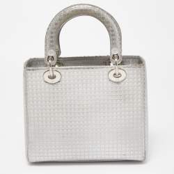 Pre Owned Dior Silver Micro Cannage Patent Leather Medium Lady Dior Tote