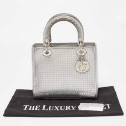 Pre Owned Dior Silver Micro Cannage Patent Leather Medium Lady Dior Tote