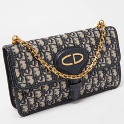 Pre Owned Dior Navy Blue Oblique Canvas and Leather CD Logo Chain Bag
