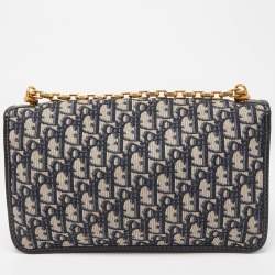 Pre Owned Dior Navy Blue Oblique Canvas and Leather CD Logo Chain Bag