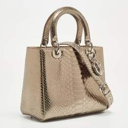 Pre Owned Dior Pale Gold Python Medium Lady Dior Tote
