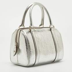 Pre Owned Dior Silver Oblique Embossed Leather Boston Bag