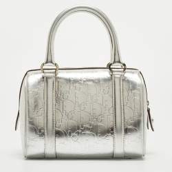 Pre Owned Dior Silver Oblique Embossed Leather Boston Bag