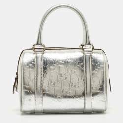 Pre Owned Dior Silver Oblique Embossed Leather Boston Bag