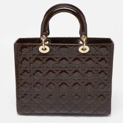 Pre Owned Dior Dark Brown Cannage Patent Leather Large Lady Dior Tote