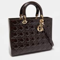 Pre Owned Dior Dark Brown Cannage Patent Leather Large Lady Dior Tote