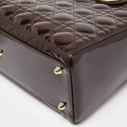 Pre Owned Dior Dark Brown Cannage Patent Leather Large Lady Dior Tote