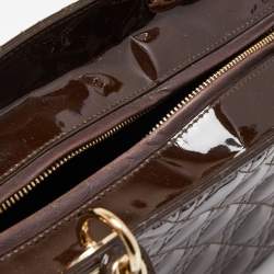Pre Owned Dior Dark Brown Cannage Patent Leather Large Lady Dior Tote