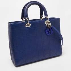Pre Owned Dior Blue Cannage Embossed Leather Large Lady Dior Tote