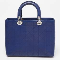Pre Owned Dior Blue Cannage Embossed Leather Large Lady Dior Tote