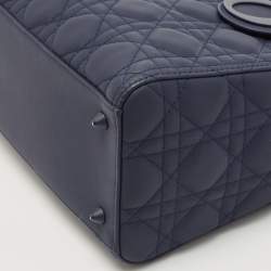 Pre Owned Dior Navy Blue Ultramatte Cannage Leather Medium Lady Dior Tote