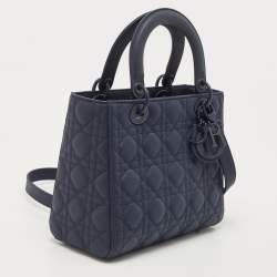 Pre Owned Dior Navy Blue Ultramatte Cannage Leather Medium Lady Dior Tote