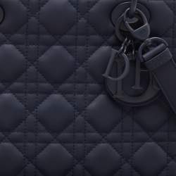 Pre Owned Dior Navy Blue Ultramatte Cannage Leather Medium Lady Dior Tote