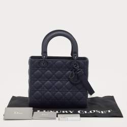 Pre Owned Dior Navy Blue Ultramatte Cannage Leather Medium Lady Dior Tote