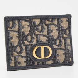 Pre Owned Dior Navy Blue Oblique Canvas and Leather Card Holder