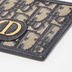 Pre Owned Dior Navy Blue Oblique Canvas and Leather Card Holder