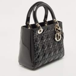 Pre Owned Dior Black Cannage Patent Leather Medium Lady Dior Tote