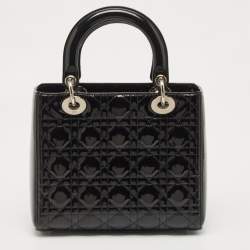 Pre Owned Dior Black Cannage Patent Leather Medium Lady Dior Tote