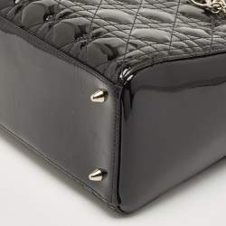 Pre Owned Dior Black Cannage Patent Leather Medium Lady Dior Tote