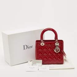 Pre Owned Dior Red Cannage Patent Leather Medium Lady Dior Tote
