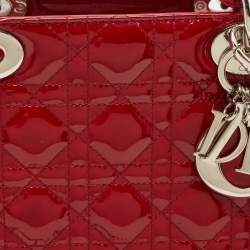 Pre Owned Dior Red Cannage Patent Leather Medium Lady Dior Tote