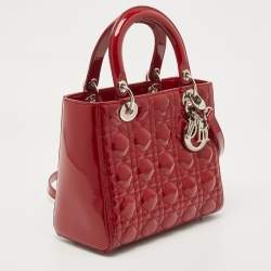 Pre Owned Dior Red Cannage Patent Leather Medium Lady Dior Tote