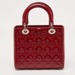 Pre Owned Dior Red Cannage Patent Leather Medium Lady Dior Tote
