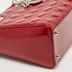 Pre Owned Dior Red Cannage Patent Leather Medium Lady Dior Tote