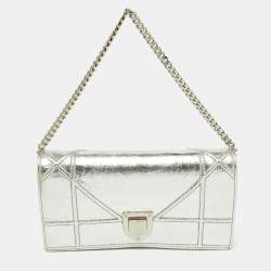 CHRISTIAN DIOR Metallic Patent Micro-Cannage Diorama Wallet on Chain Pouch  Silver 1157766