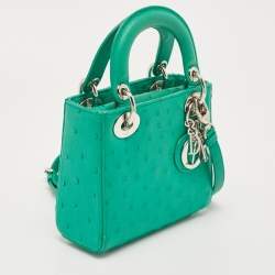 Pre Owned Dior Green Ostrich Leather Mini Lady Dior Tote