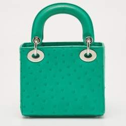 Pre Owned Dior Green Ostrich Leather Mini Lady Dior Tote