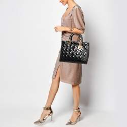 Pre Owned Dior Black Cannage Patent Leather Large Lady Dior Tote