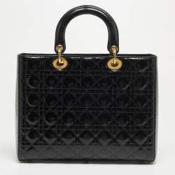 Pre Owned Dior Black Cannage Patent Leather Large Lady Dior Tote