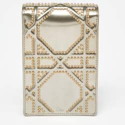 Pre Owned Dior Metallic Gold Glossy Leather Studded Diorama Vertical Clutch