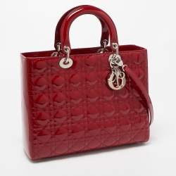 Pre Owned Dior Red Cannage Patent Leather Large Lady Dior Tote