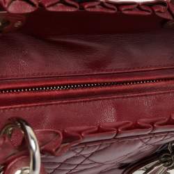 Pre Owned Dior Dark Red Cannage Leather Medium Flower Lady Dior Tote