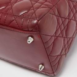 Pre Owned Dior Dark Red Cannage Leather Medium Flower Lady Dior Tote