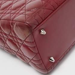 Pre Owned Dior Dark Red Cannage Leather Medium Flower Lady Dior Tote