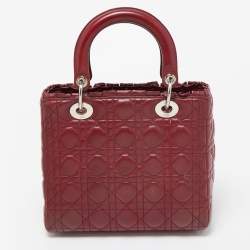 Pre Owned Dior Dark Red Cannage Leather Medium Flower Lady Dior Tote